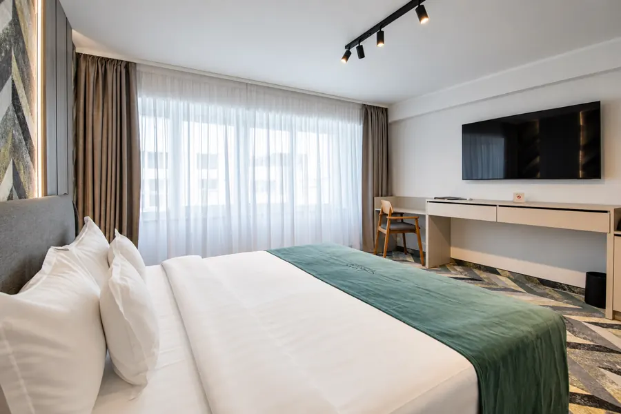 Habitación Estándar con cama de matrimonio, escritorio y televisor