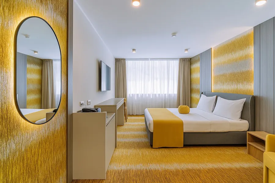 Habitación Superior en tonos amarillos, con espejo ovalado