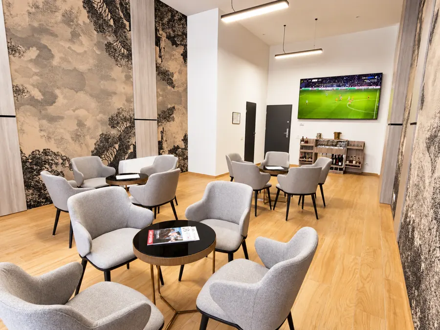 Lounge con sillones grises y televisor